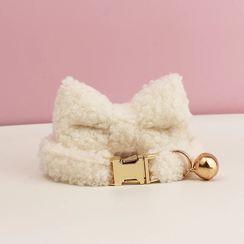 Petspuff Personalised Teddy Fleece Cat Collar with Bell & Bow Tie – Engraved Name Tag