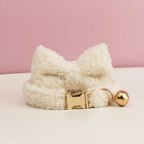 Petspuff Personalised Teddy Fleece Cat Collar with Bell & Bow Tie – Engraved Name Tag