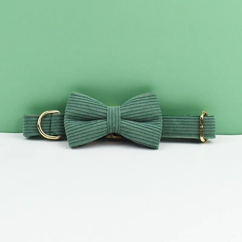 Petspuff Personalised Dark Green Corduroy Dog Collar & Lead Set – Engraved Name Tag, Bow & Harness - Petspuff
