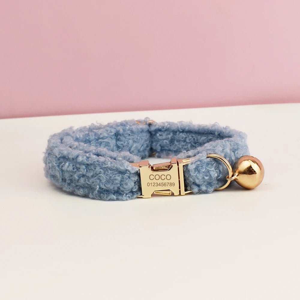 Petspuff Personalised Teddy Fleece Cat Collar with Bell & Bow Tie – Engraved Name Tag