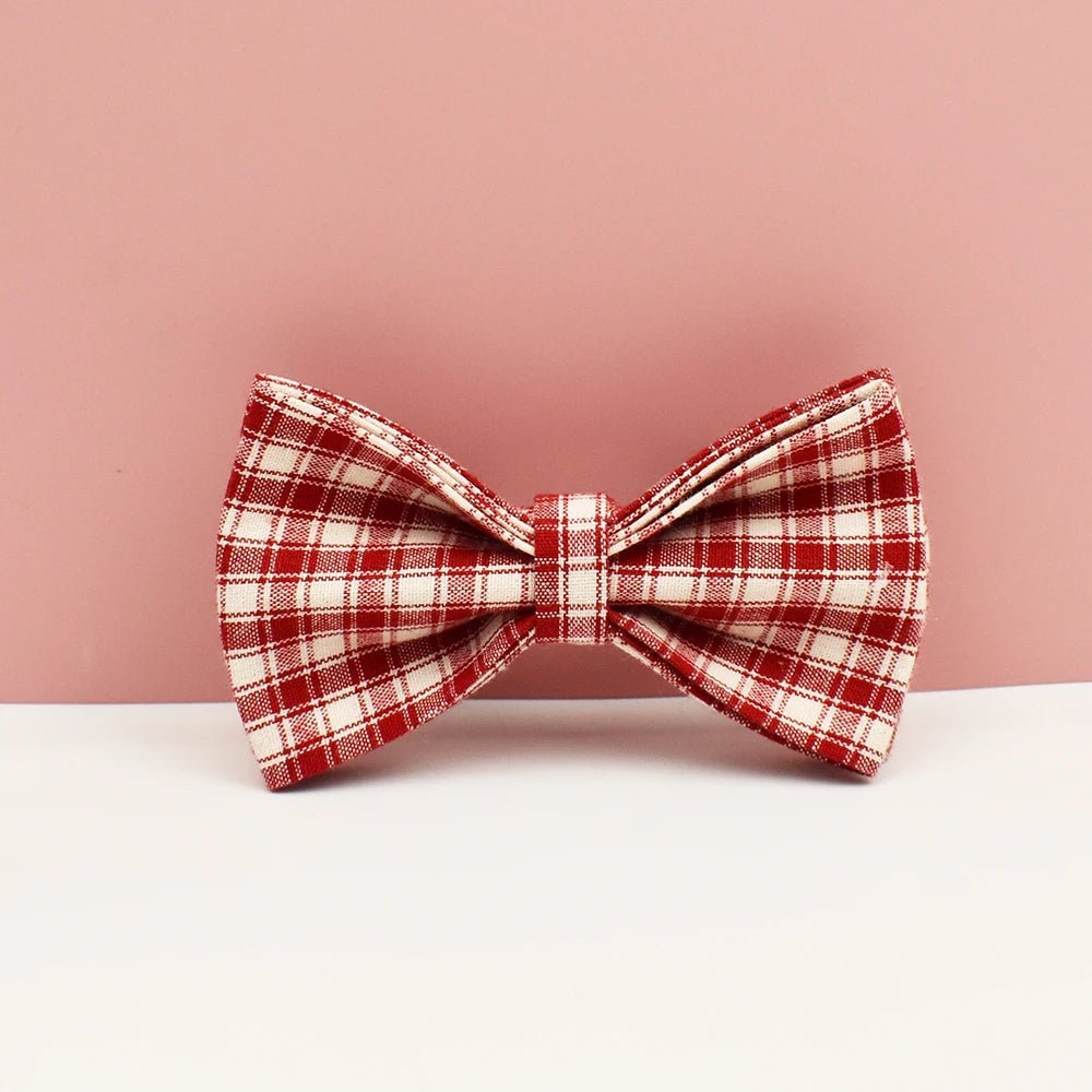 Petspuff Personalised Red Plaid Dog Collar, Harness & Lead Set – Engraved Name Tag & Bow | Christmas