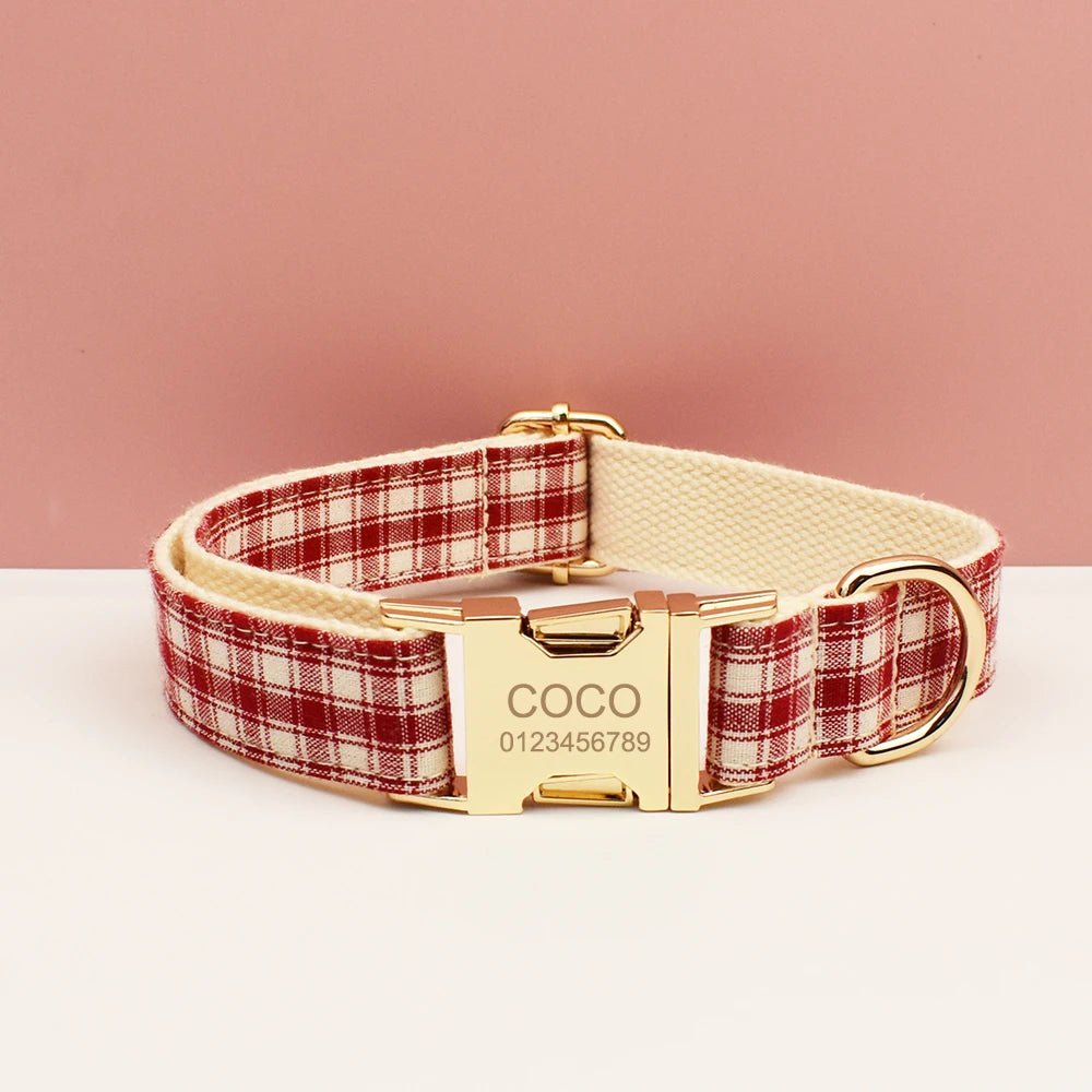 Petspuff Personalised Red Plaid Dog Collar, Harness & Lead Set – Engraved Name Tag & Bow | Christmas