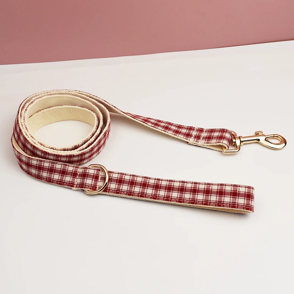 Petspuff Personalised Red Plaid Dog Collar, Harness & Lead Set – Engraved Name Tag & Bow | Christmas
