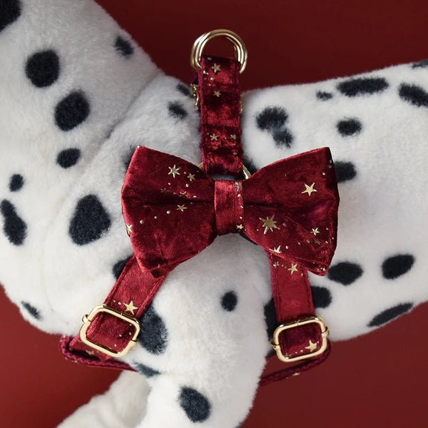 Petspuff Personalised Wine Red Velvet Dog Harness & Lead – Engraved ID Tag, Gold Hardware & Bow