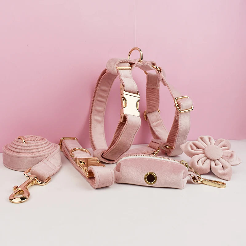 Petspuff Personalised Pale Pink Velvet Dog Collar & Lead Set – Engraved Name Tag, Bow & Harness