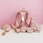 Petspuff Personalised Pale Pink Velvet Dog Collar & Lead Set – Engraved Name Tag, Bow & Harness