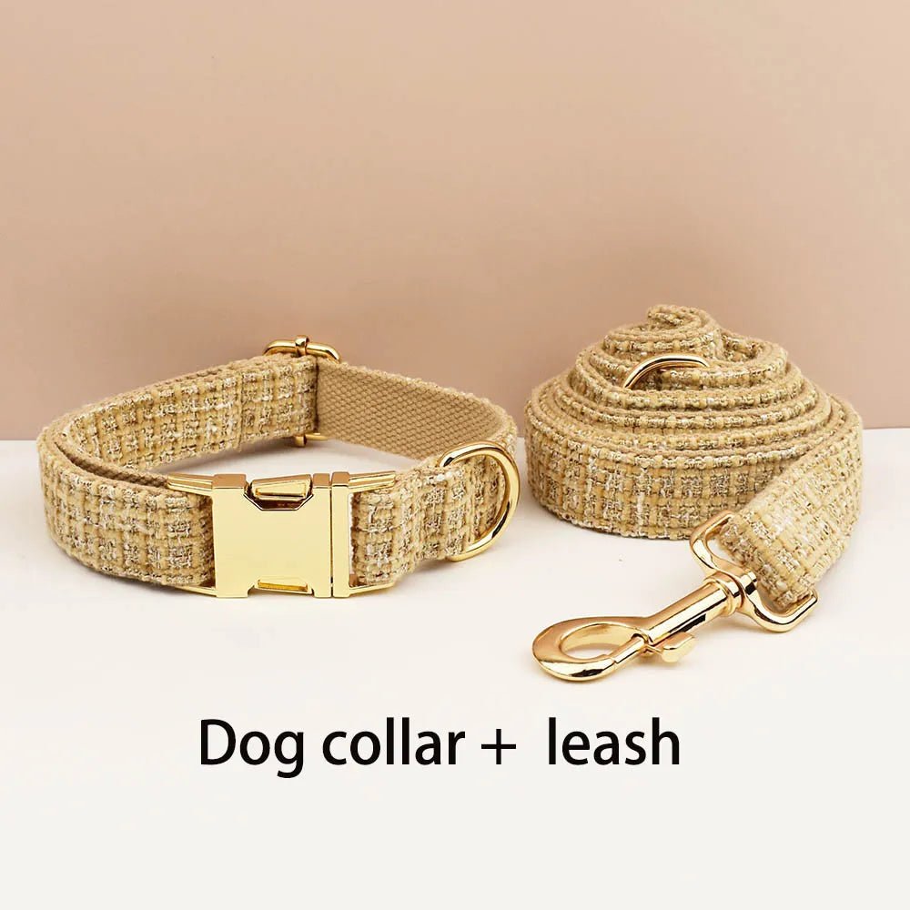 Petspuff Personalised Light Khaki Dog Collar, Harness & Lead Set – Engraved Nameplate & Bow