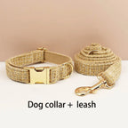 Petspuff Personalised Light Khaki Dog Collar, Harness & Lead Set – Engraved Nameplate & Bow