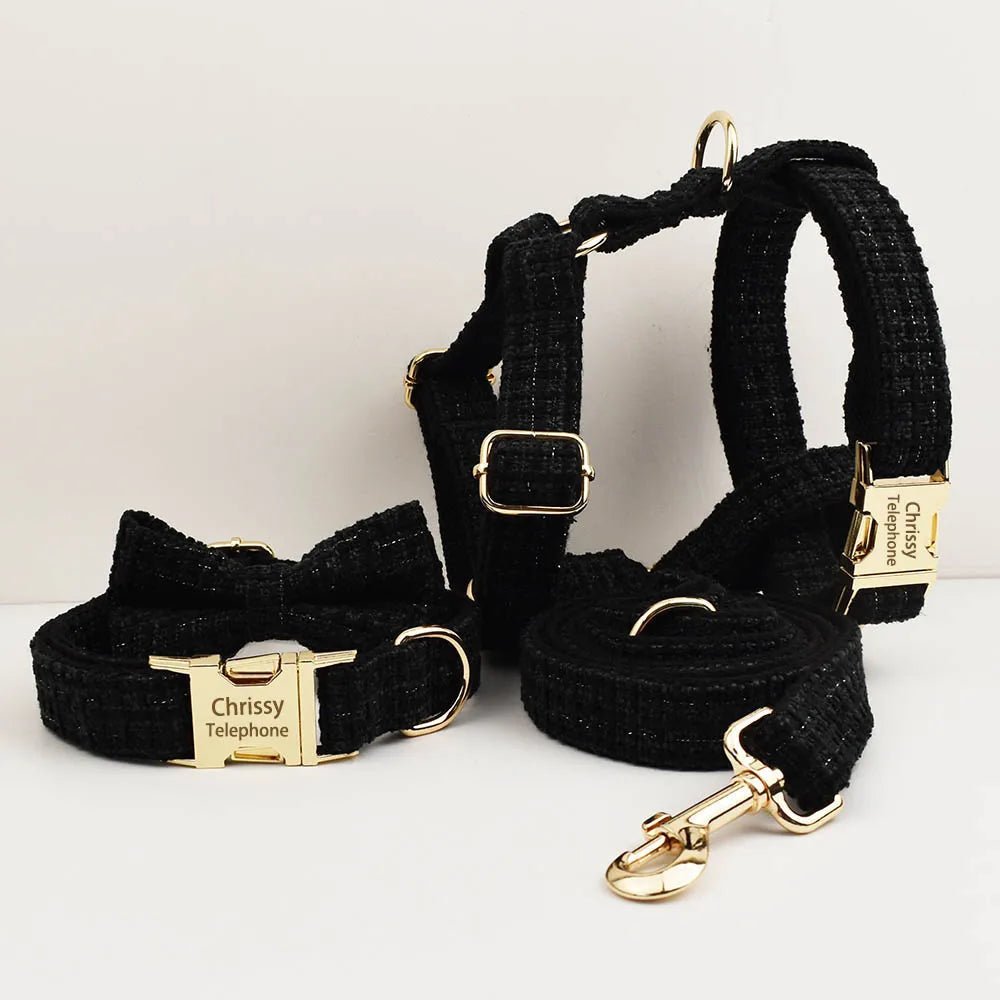 Petspuff Personalised Dog Collar with Free Engraved ID Tag – Matching Lead, Harness & Bow Set