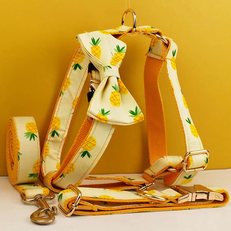 Petspuff Personalised Pineapple Print Dog Collar, Harness & Lead Set – Engraved Name Tag & Bow - Petspuff