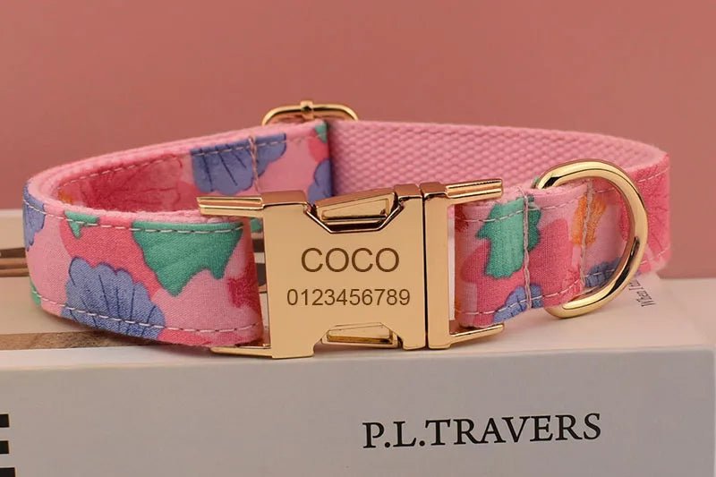 Petspuff Personalised Pink Shell Print Dog Collar & Lead – Engraved Name Tag | Medium & Large Dogs