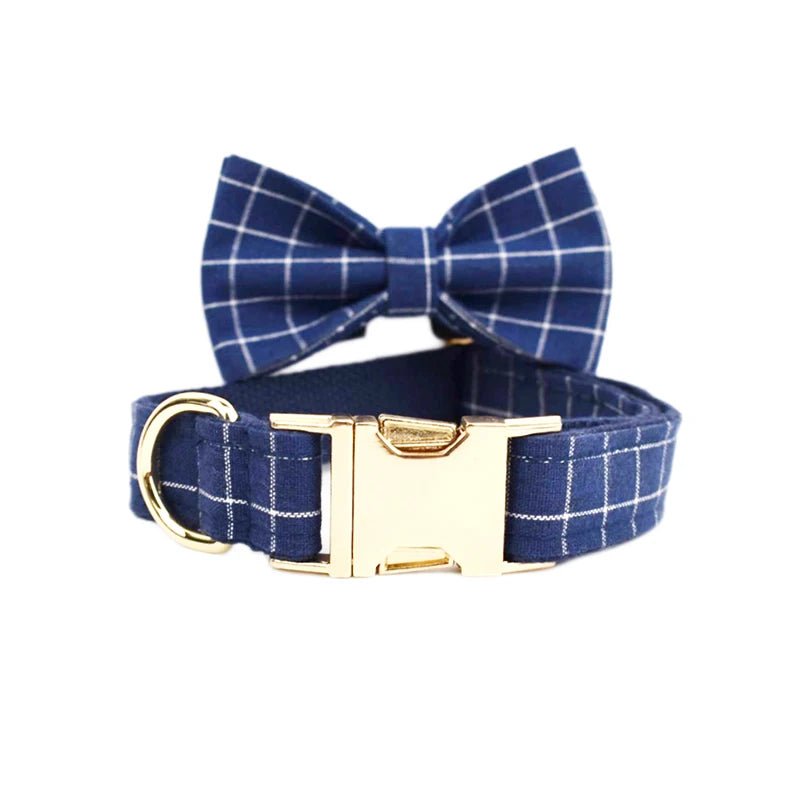 Petspuff Personalised Navy Check Dog Collar & Lead Set – Engraved Name Tag, Bow & Harness