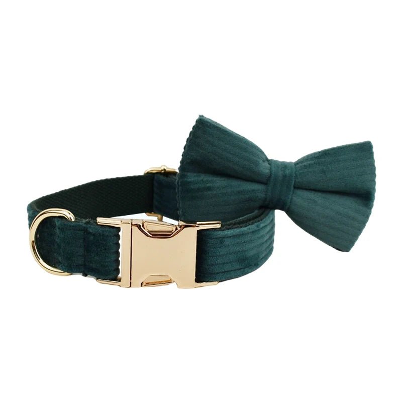 Petspuff Personalised Forest Green Corduroy Dog Collar & Lead Set – Engraved Name Tag, Bow & Harness - Petspuff