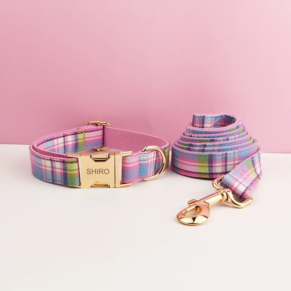Petspuff Personalised Plaid Dog Collar, Harness & Lead Set – Engraved Name Tag & Bow - Petspuff