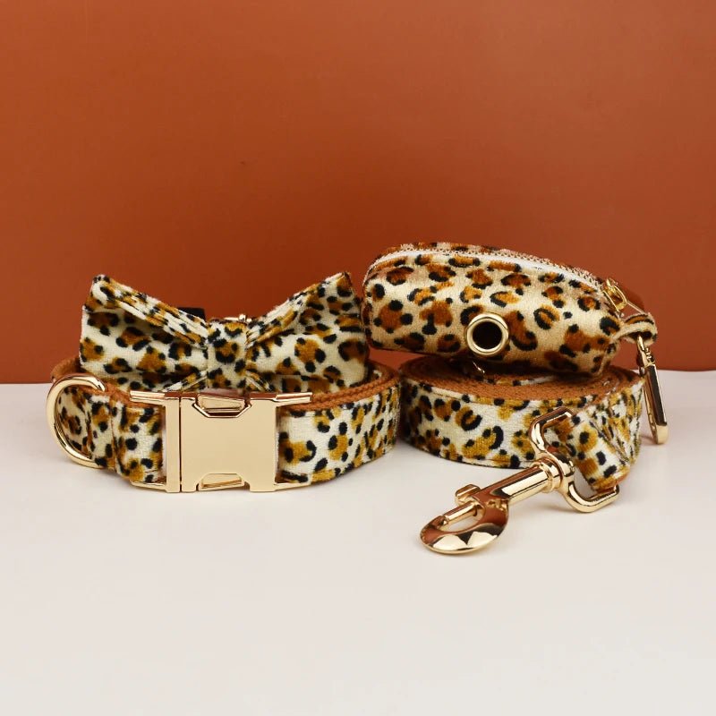 Petspuff Personalised Leopard Print Dog Collar & Lead Set – Engraved Name Tag, Harness & Poop Bag Holder
