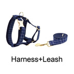 Petspuff Personalised Navy Check Dog Collar & Lead Set – Engraved Name Tag, Bow & Harness