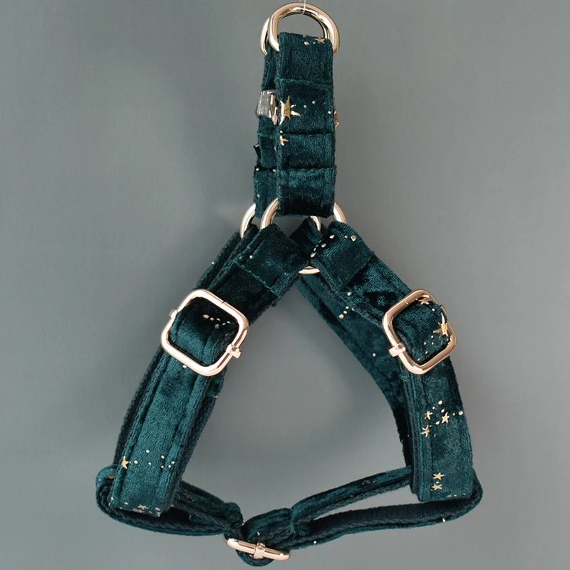 Petspuff Personalised Green Velvet Dog Harness & Lead – Engraved ID Tag, Gold Hardware & Bow - Petspuff