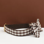Petspuff Personalised Coffee Plaid Dog Collar, Harness & Lead Set – Engraved Name Tag & Bow