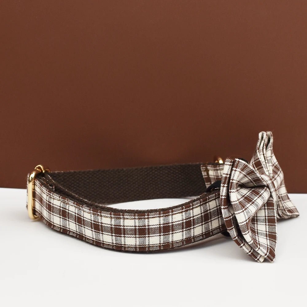 Petspuff Personalised Coffee Plaid Dog Collar, Harness & Lead Set – Engraved Name Tag & Bow