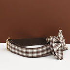 Petspuff Personalised Coffee Plaid Dog Collar, Harness & Lead Set – Engraved Name Tag & Bow