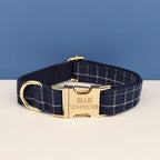 Petspuff Personalised Navy Check Dog Collar & Lead Set – Engraved Name Tag, Bow & Harness
