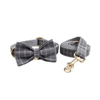 Petspuff Personalised Grey Check Dog Collar, Harness & Lead Set – Engraved Name Tag, Bow & Poop Bag Holder