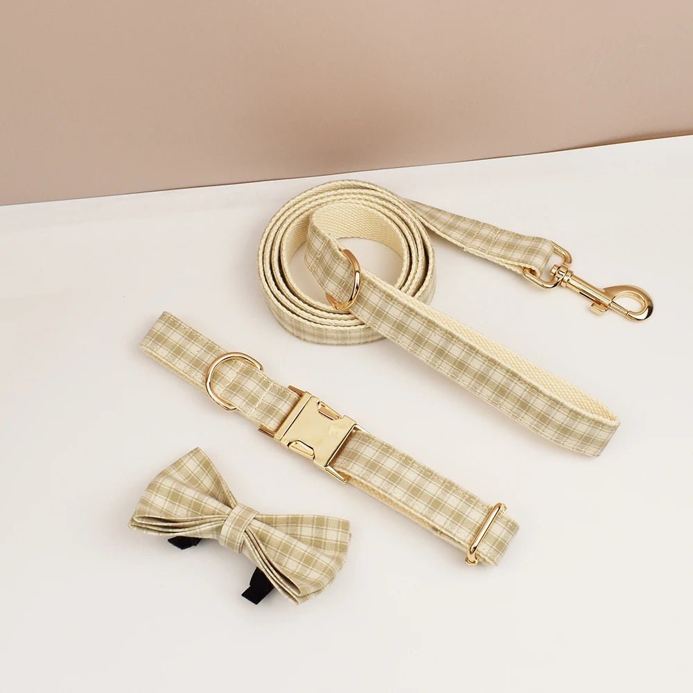 Petspuff Personalised Plaid Dog Collar, Harness & Lead Set – Engraved Name Tag & Bow | Style 23
