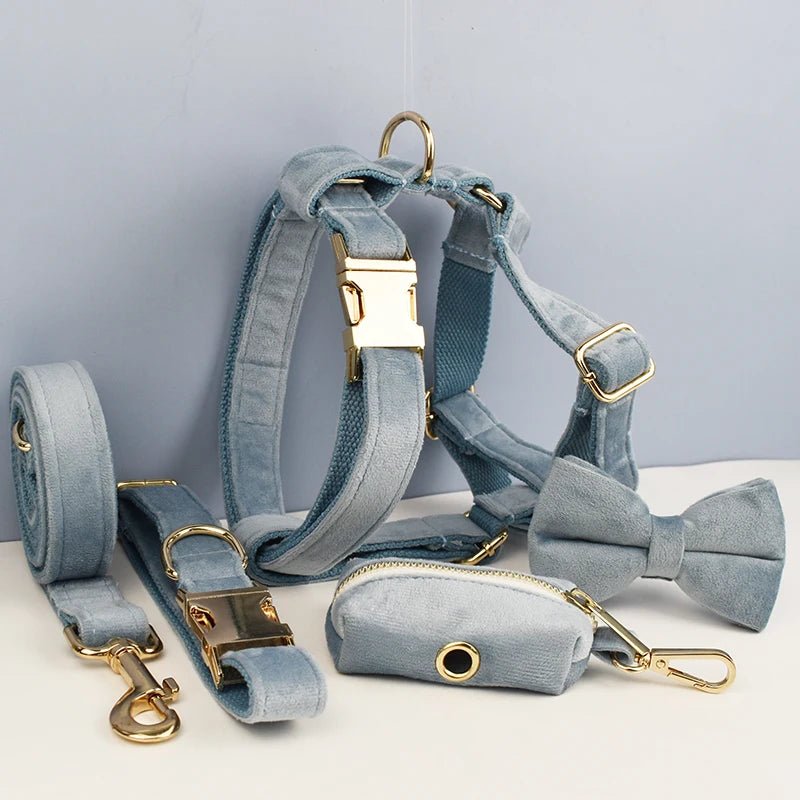 Petspuff Personalised Nordic Blue Velvet Dog Collar & Lead Set – Engraved Name Tag, Bow & Harness
