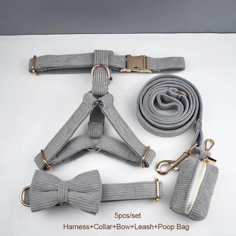 Petspuff Personalised Light Grey Corduroy Dog Collar & Lead Set – Engraved Name Tag, Bow & Harness