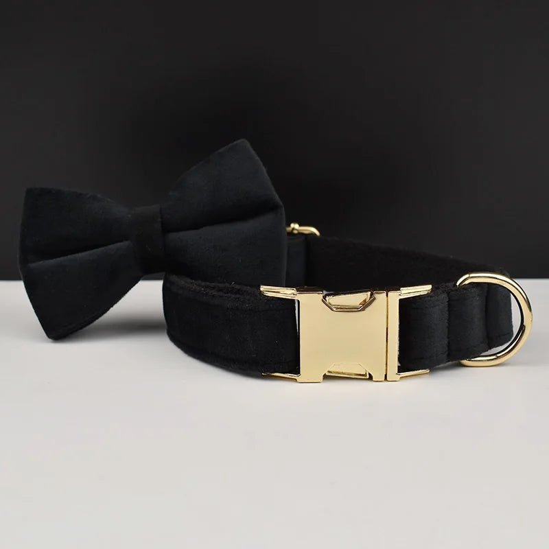 Petspuff Personalised Black Velvet Dog Collar & Lead Set – Engraved Name Tag, Bow & Harness