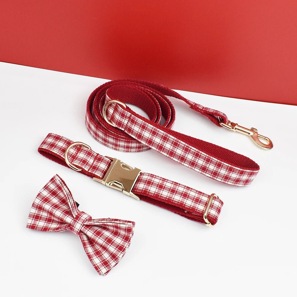 Petspuff Personalised Red Plaid Dog Collar, Harness & Lead Set – Engraved Name Tag & Bow | Style 28