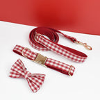 Petspuff Personalised Red Plaid Dog Collar, Harness & Lead Set – Engraved Name Tag & Bow | Style 28