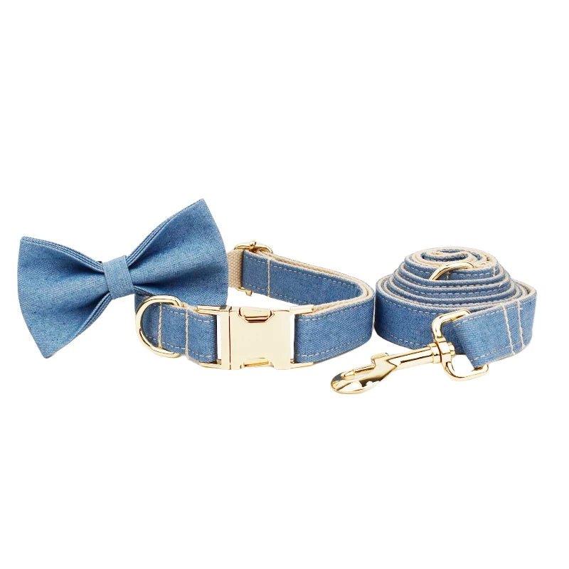 Petspuff Personalised Denim Print Dog Collar & Lead Set – Engraved Name Tag, Bow & Harness