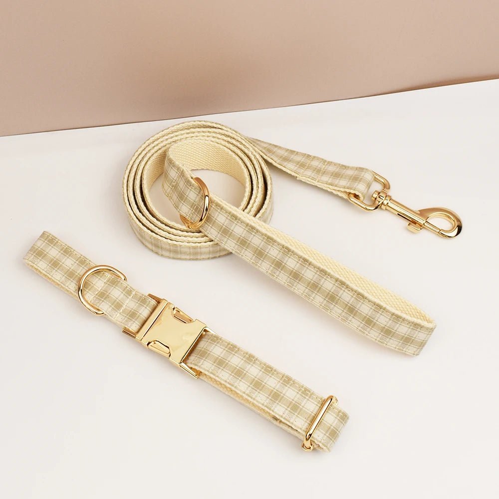 Petspuff Personalised Plaid Dog Collar, Harness & Lead Set – Engraved Name Tag & Bow | Style 23
