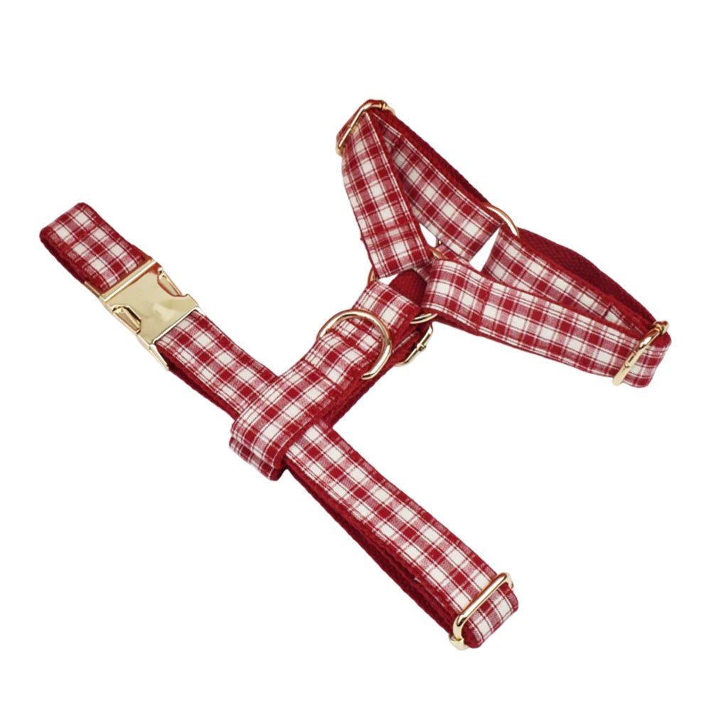 Petspuff Personalised Red Plaid Dog Collar, Harness & Lead Set – Engraved Name Tag & Bow | Style 28