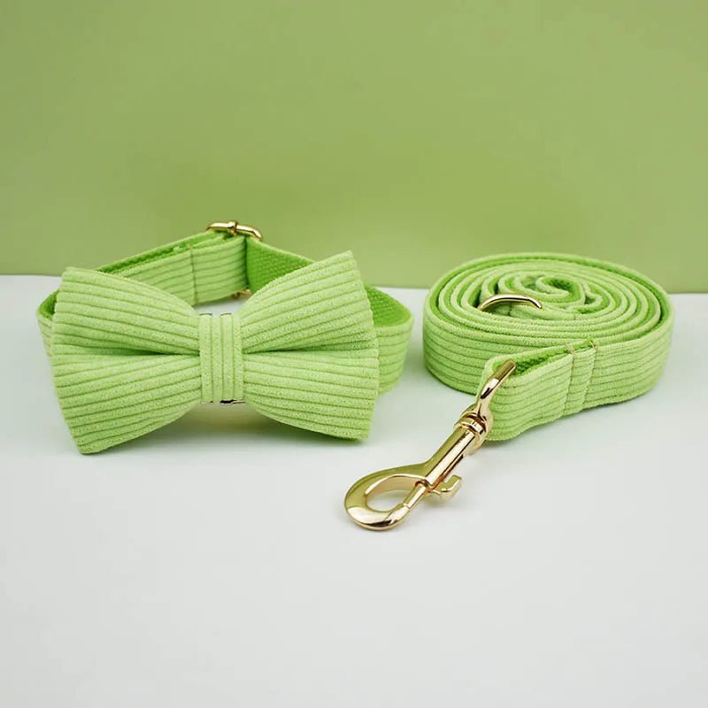 Petspuff Personalised Apple Green Corduroy Dog Collar & Lead Set – Engraved Name Tag, Bow & Harness