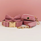 Petspuff Personalised Nude Pink Corduroy Dog Collar & Lead Set – Engraved Name Tag, Bow & Harness