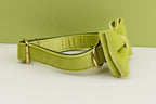 Petspuff Personalised Avocado Green Velvet Dog Collar & Lead Set – Engraved Name Tag, Bow & Harness - Petspuff