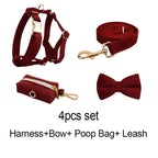 Petspuff Personalised Wine Red Corduroy Dog Collar & Lead Set – Engraved Name Tag, Bow & Harness
