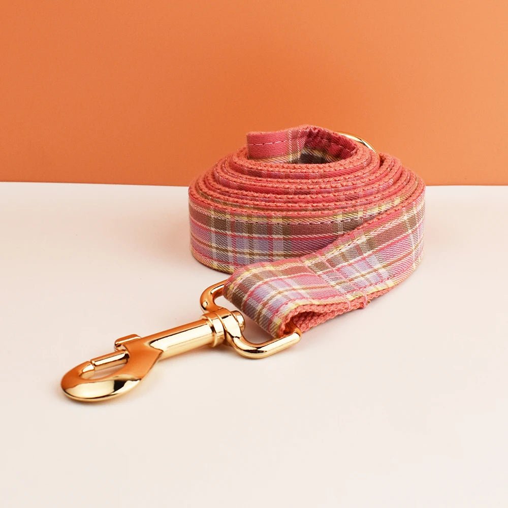 Petspuff Personalised Plaid Dog Collar & Lead Set – Engraved Name Tag, Bow & Harness Options