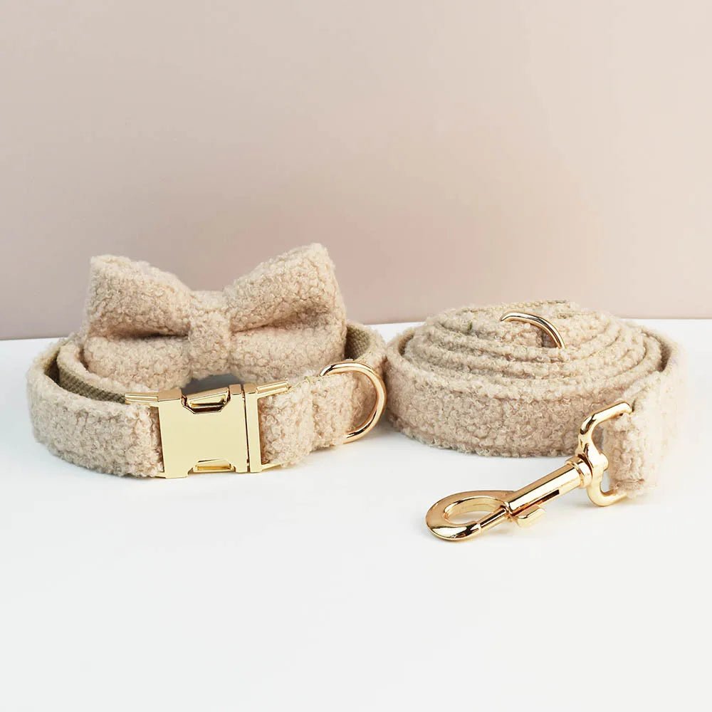 Petspuff Personalised Teddy Velvet Dog Collar & Lead Set – Engraved Name Tag, Bow & Harness