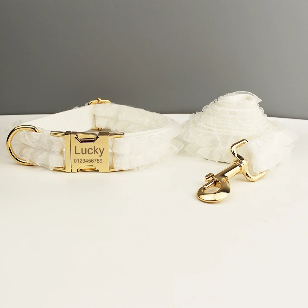 Petspuff Personalised White Lace Dog Collar, Harness & Lead – Engraved Name Tag | Wedding Dog