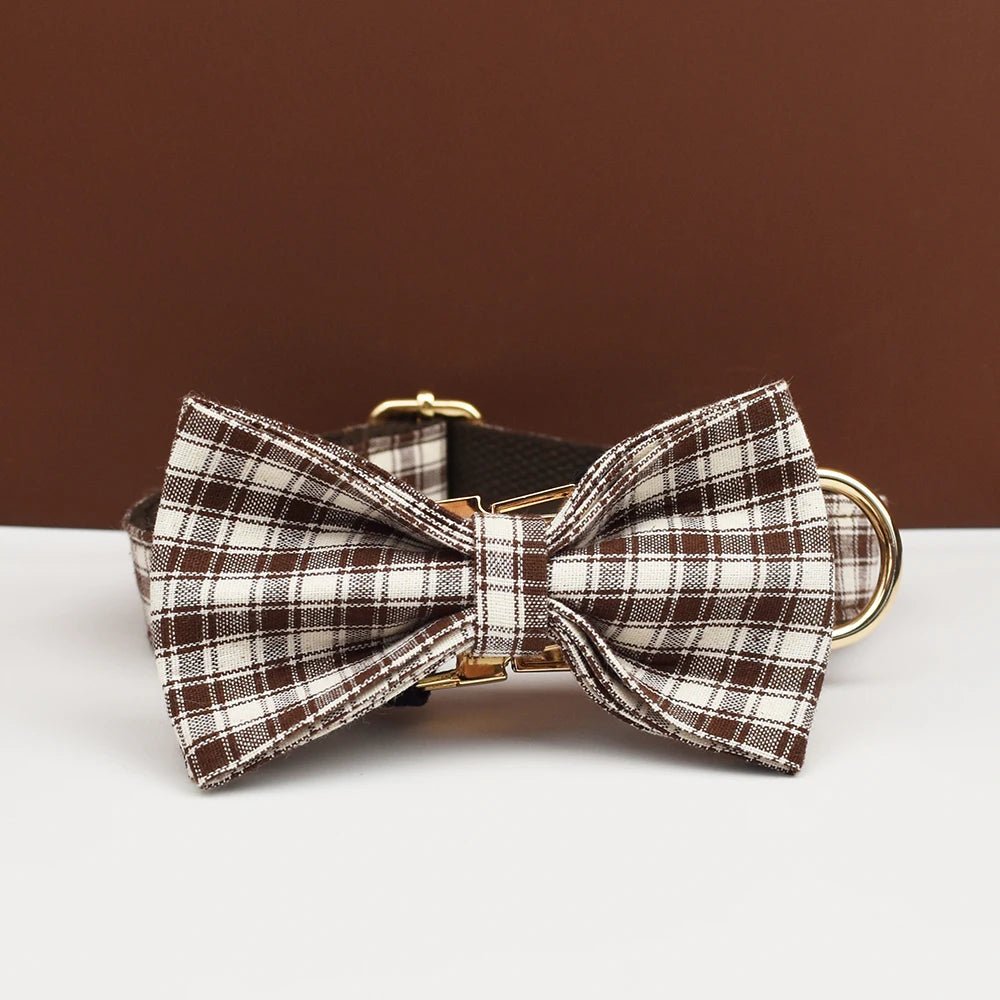 Petspuff Personalised Coffee Plaid Dog Collar, Harness & Lead Set – Engraved Name Tag & Bow