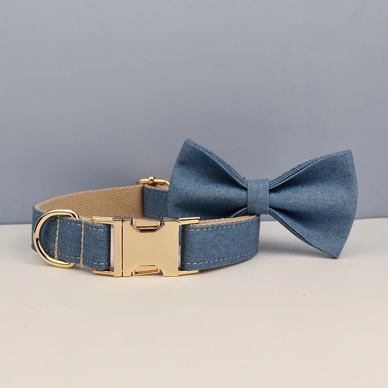 Petspuff Personalised Denim Print Dog Collar & Lead Set – Engraved Name Tag, Bow & Harness