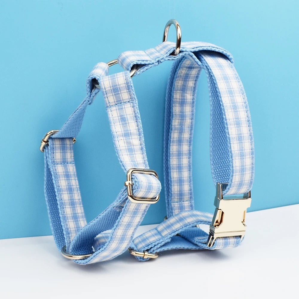 Petspuff Personalised Plaid Dog Collar, Harness & Lead Set – Engraved Name Tag & Bow | Style 29