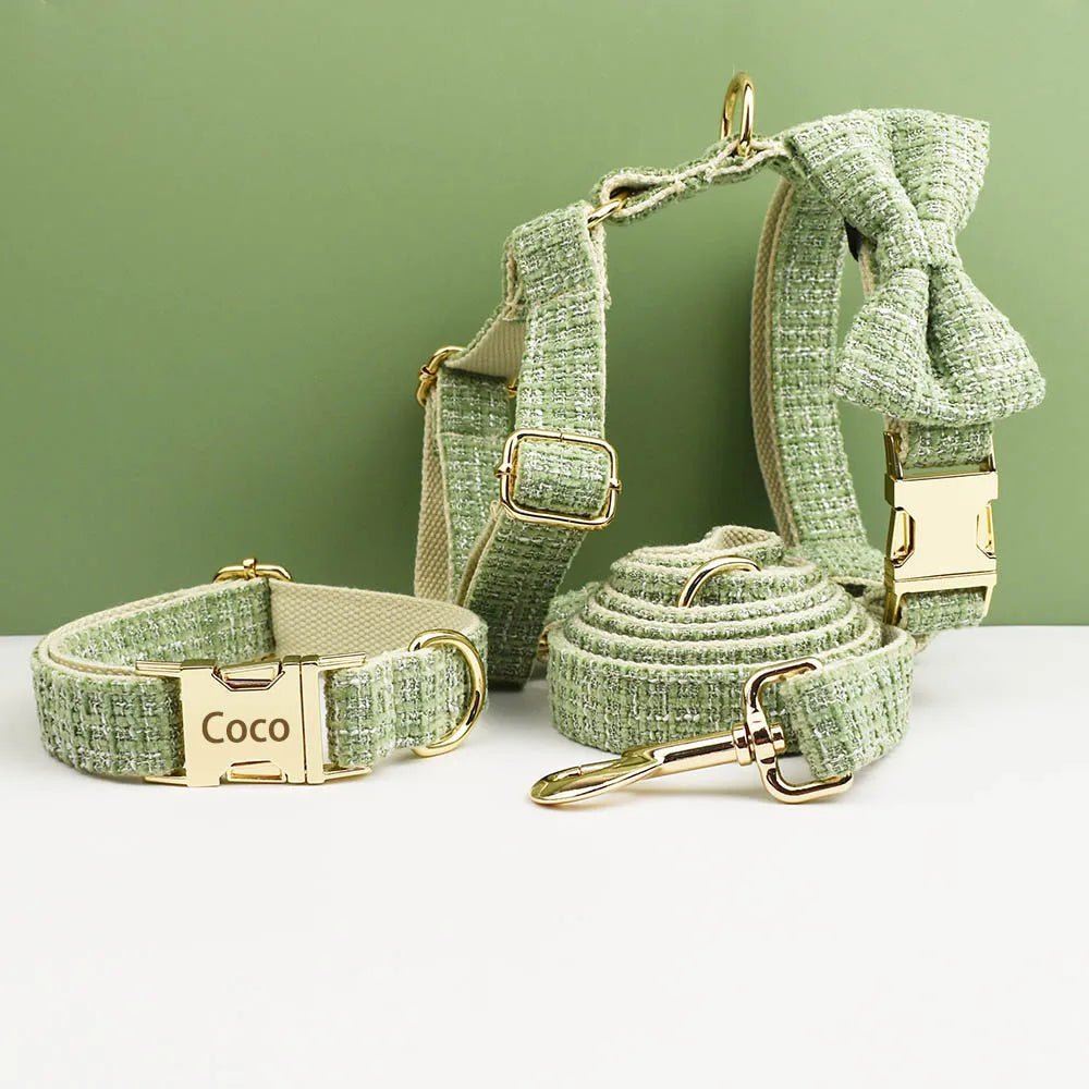 Petspuff Personalised Lime Green Dog Collar, Harness & Lead Set – Engraved Nameplate & Bow