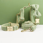Petspuff Personalised Lime Green Dog Collar, Harness & Lead Set – Engraved Nameplate & Bow