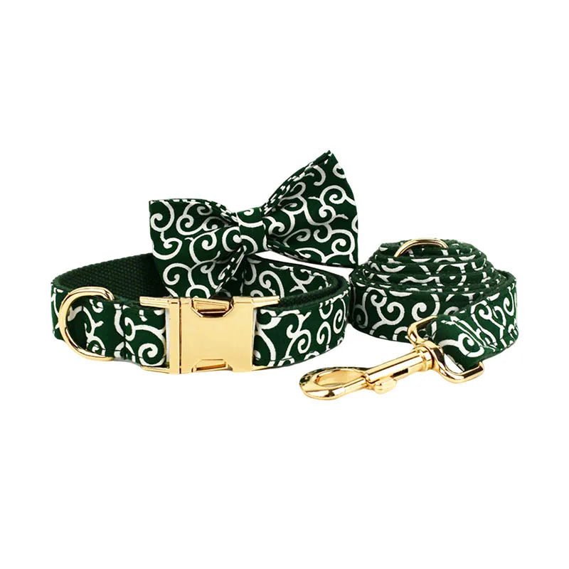 Petspuff Green Leaf Print Cotton Dog Collar, Harness & Lead Set with Bow – XS–XL