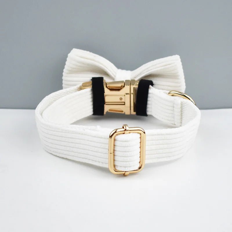 Petspuff Personalised White Corduroy Dog Collar & Lead Set – Engraved Name Tag, Bow & Harness