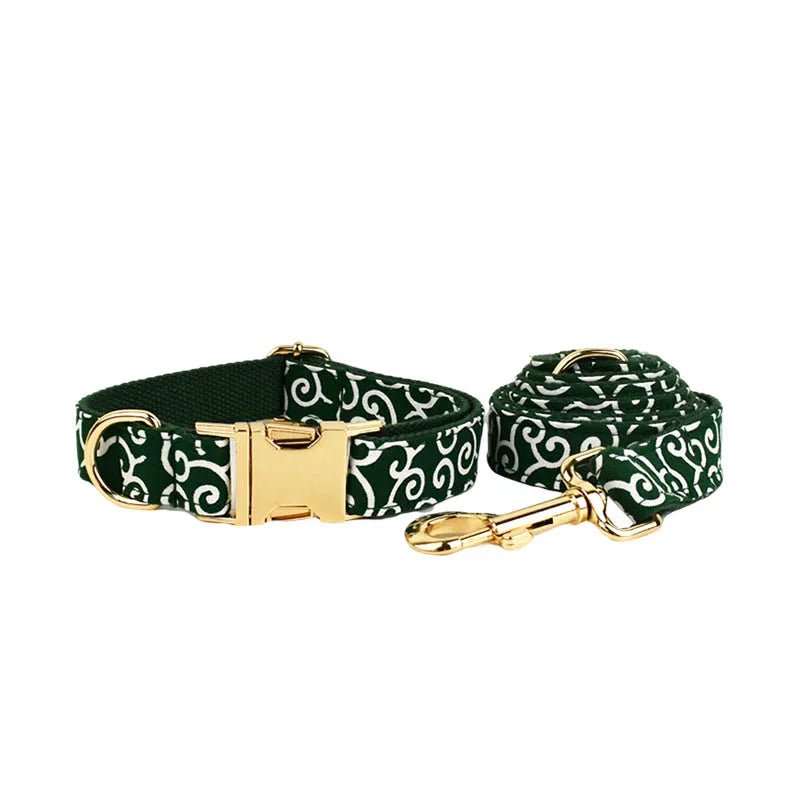 Petspuff Green Leaf Print Cotton Dog Collar, Harness & Lead Set with Bow – XS–XL
